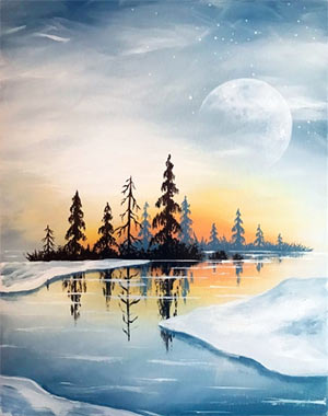 Painting of a night time snowy landscape