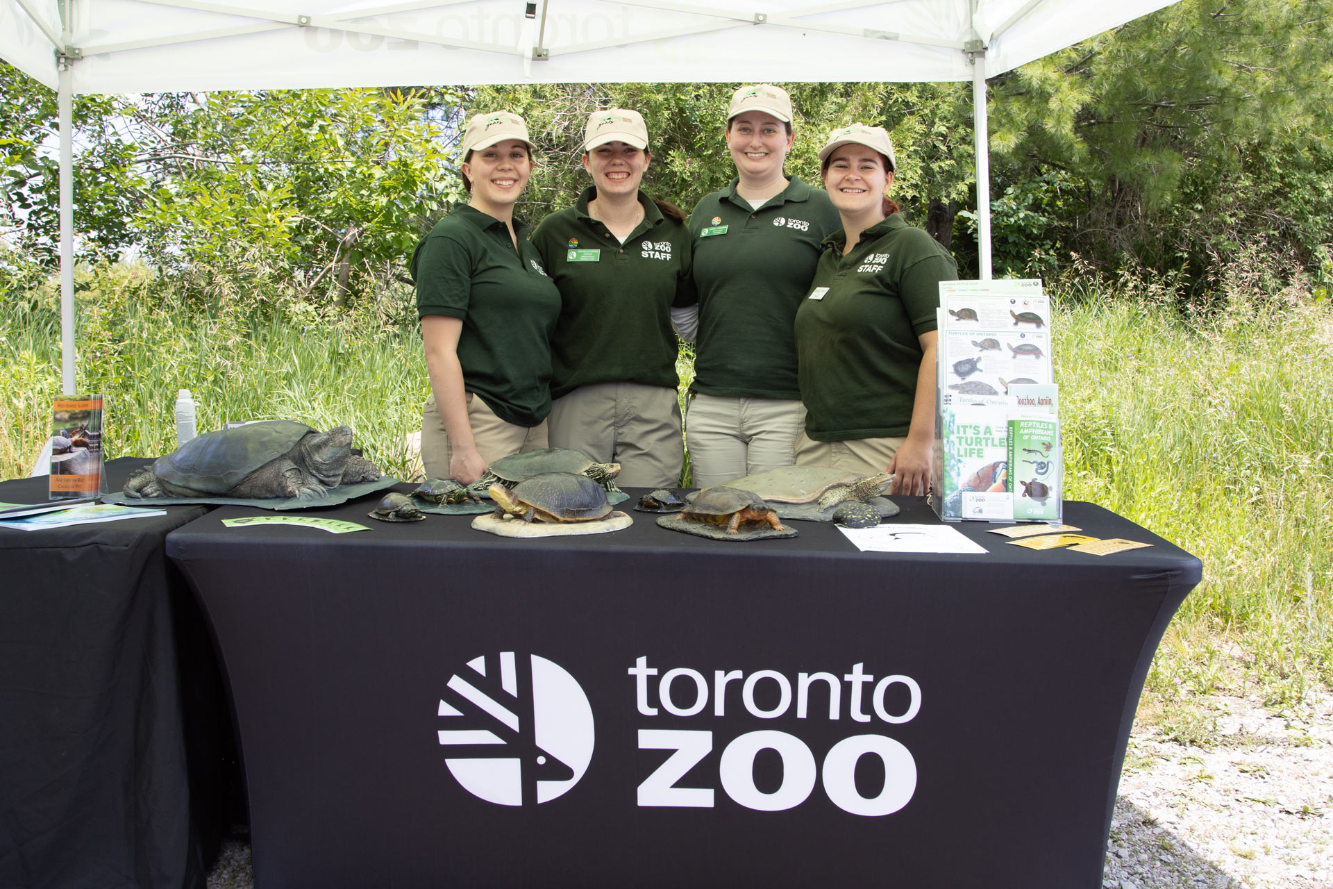 Zoo staff standing infront of an outreach table filled with guides and various shells