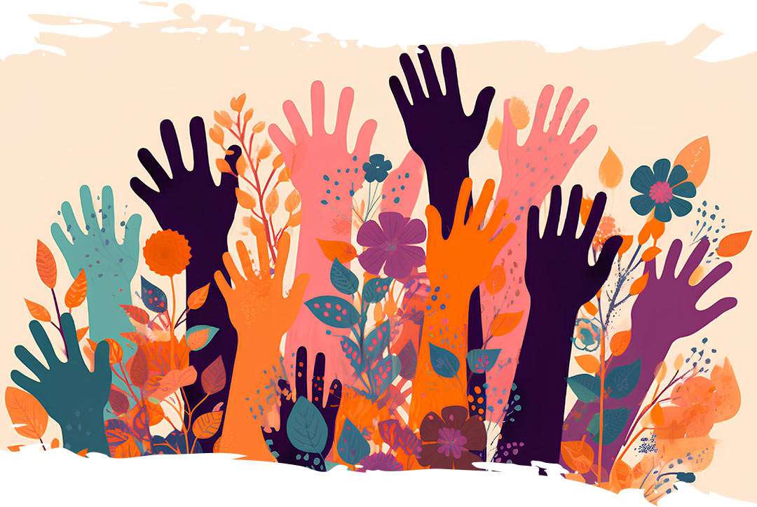 Many hands and flowers of many colours raised in the air together