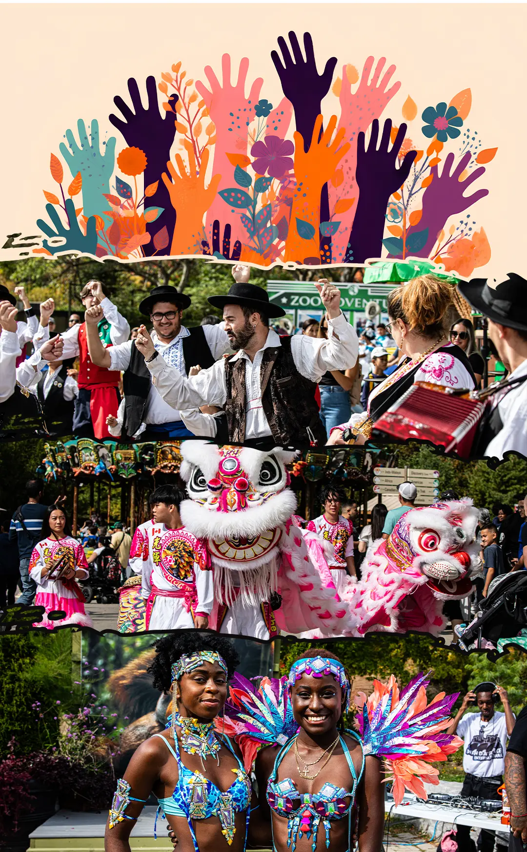 Many hands and flowers of many colours raised in the air together