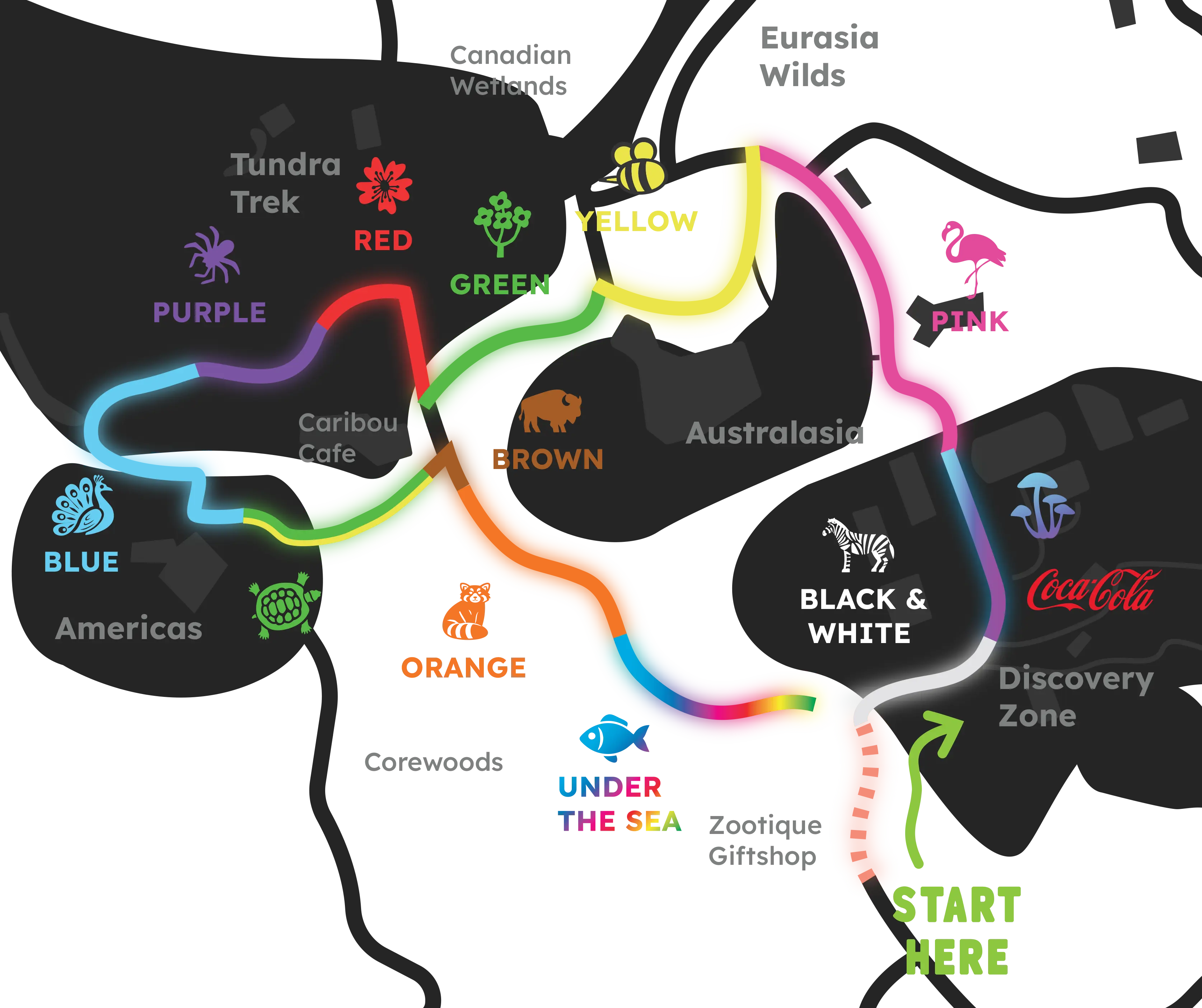Map of the Glow in the Wild route through your Toronto Zoo - the map starts off in the zoo's discovery zone and travels through 11 custom coloured routes beginning with Black and White, followed by Pink, Yellow, Green, Red, Purple, Blue, Green/Yellow, Brown, Orange, and then Rainbow labelled 'Under the Sea' before completing near the Zootique Gift Shop