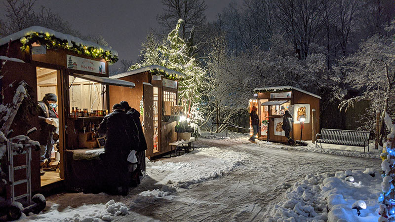 Vendors booths setup in a beautiful snow covered lane at the Toronto Zoo
