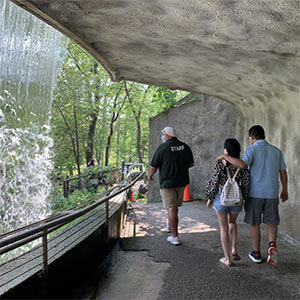 Three people walk under a beautiful waterfall at the Zoo