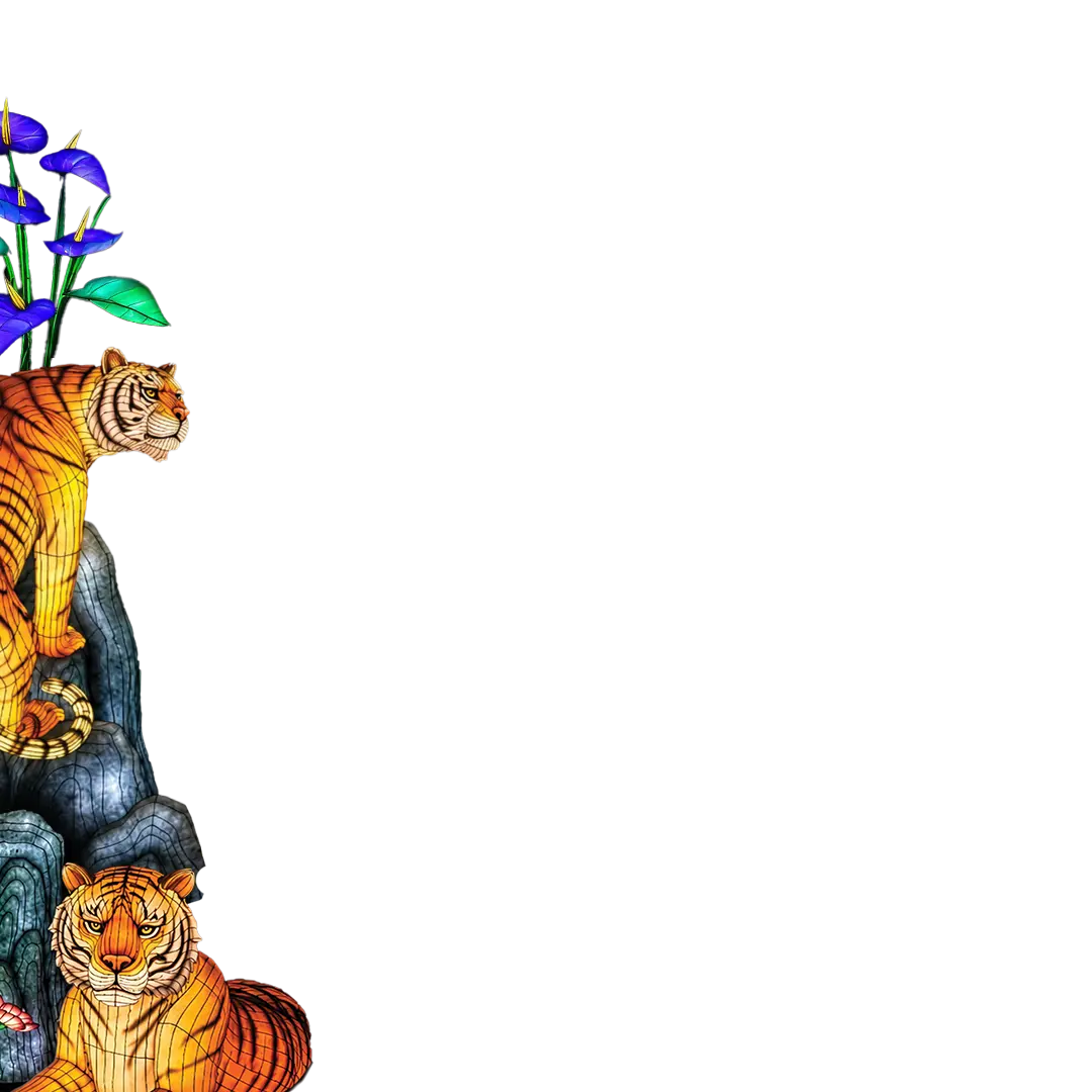 Lanterns of plants featuring tigers fill the left side