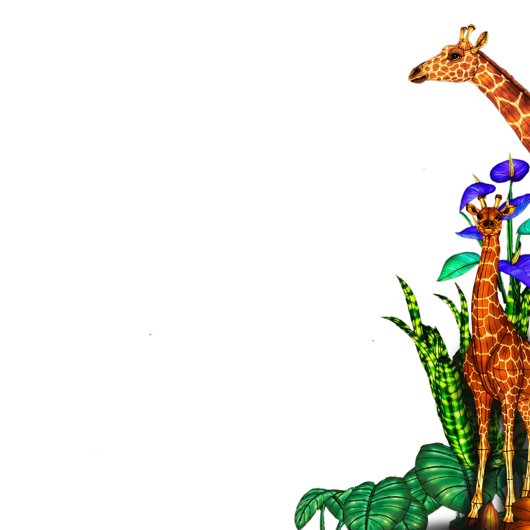 Lanterns of plants featuring giraffe fill the right side