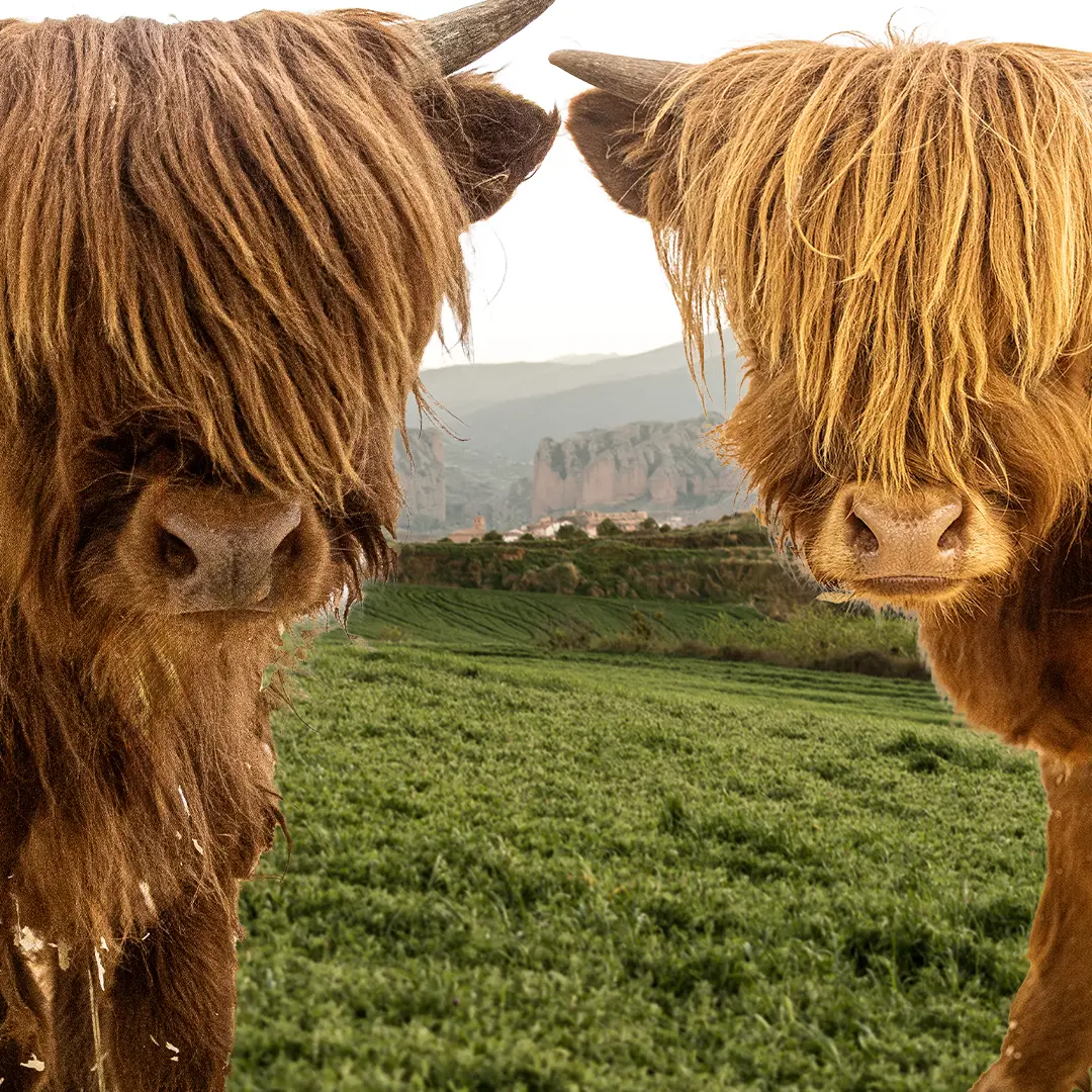 Two highland cows looking at you through their funcky dews